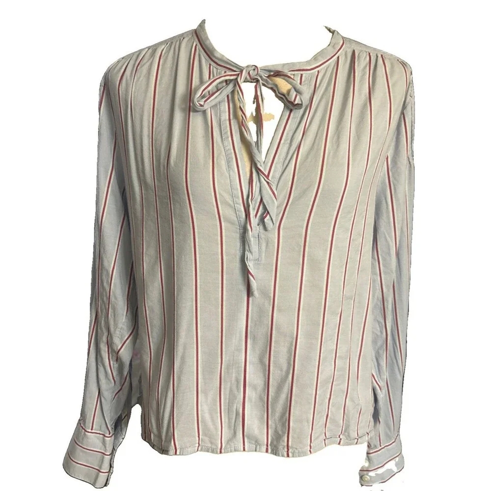 J.Crew Striped Women M  V-Neck Tie Top Light Blue Cotton-Blend Dobby Preppy